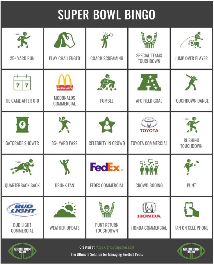 the super bowl bingo game is shown in green and white, with several different logos on it