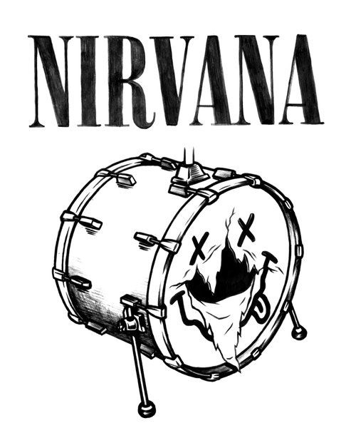 a drawing of a drum with the words nirvana in black and white, on top of it