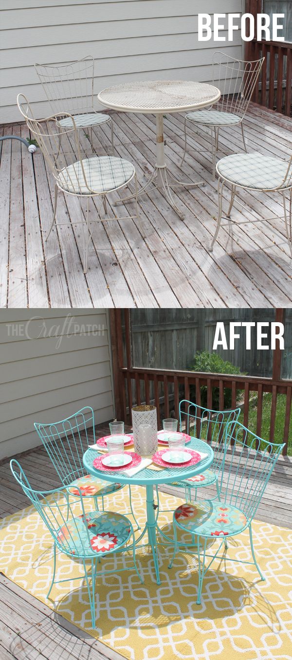 before and after photos of an outdoor patio makeover with teal metal chairs, yellow rug, and white table