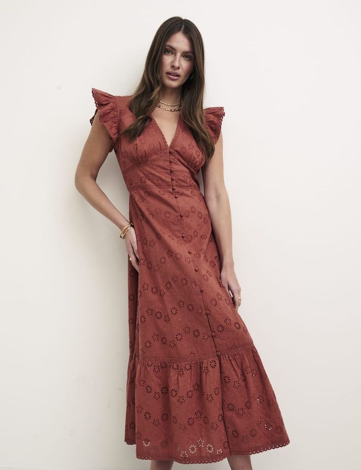 Terracotta Broderie Azalia Midi Tea Dress | Nobody's Child Terracotta Dress, Flowing Skirt, Fall Skirts, Midi Maxi Dress, Tea Dress, Covered Buttons, Fashion Advice, M S, Midi Length