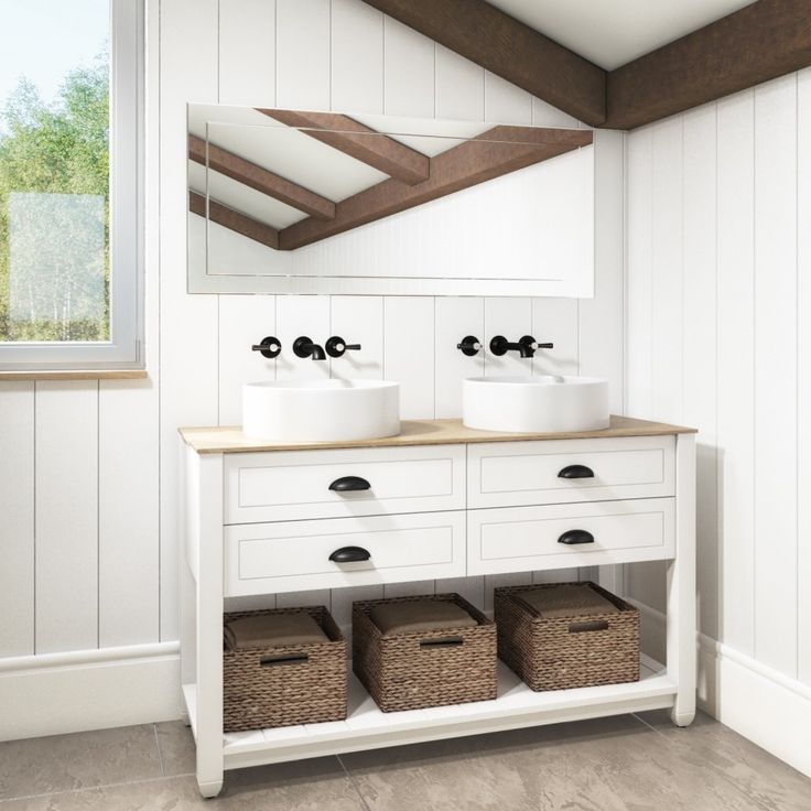 Natural woodgrain top matt white vanity with black handles and countertop basin. Vanity Towel Storage, Boys Storage, Double Vanity Unit, White Worktop, Shabby Chic Vanity, Storing Towels, White Countertop, Vanity Shelves, Freestanding Vanity Unit