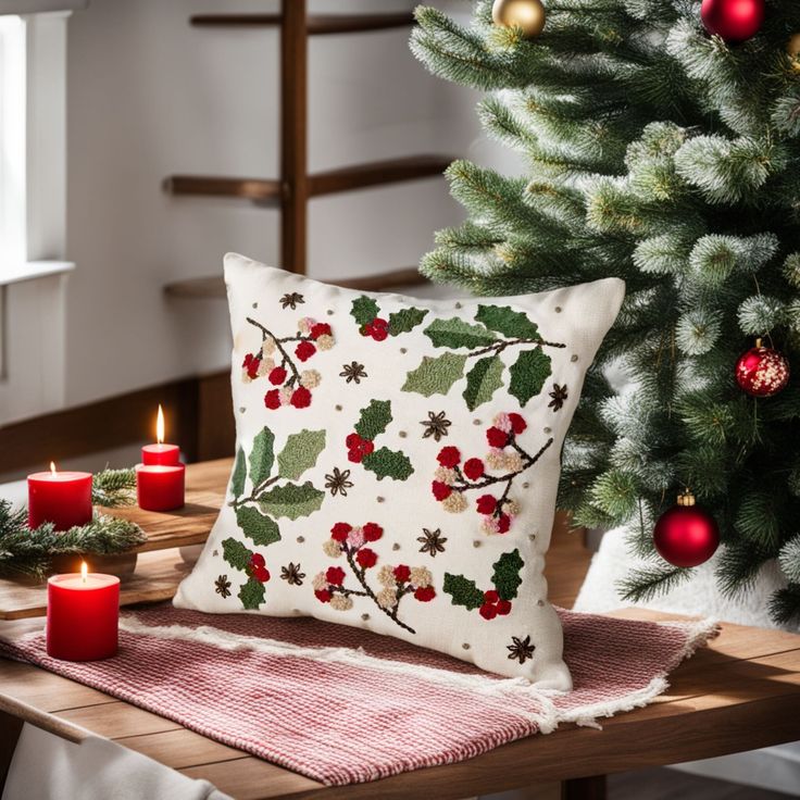 a christmas tree with candles and a pillow