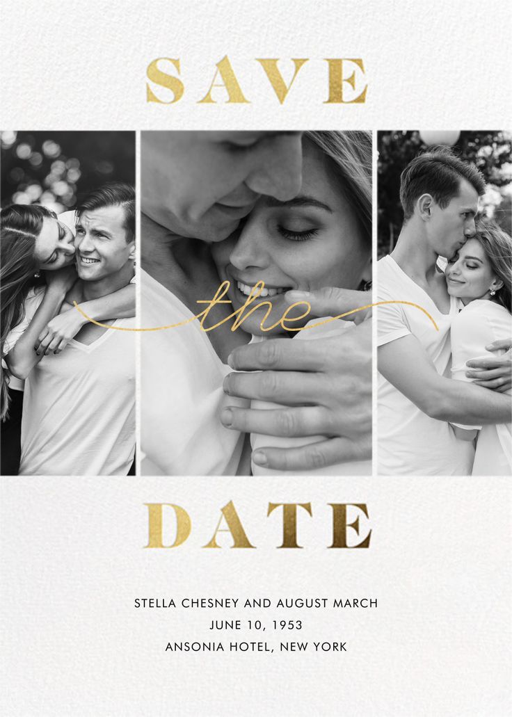 save the date photo collage with gold foil