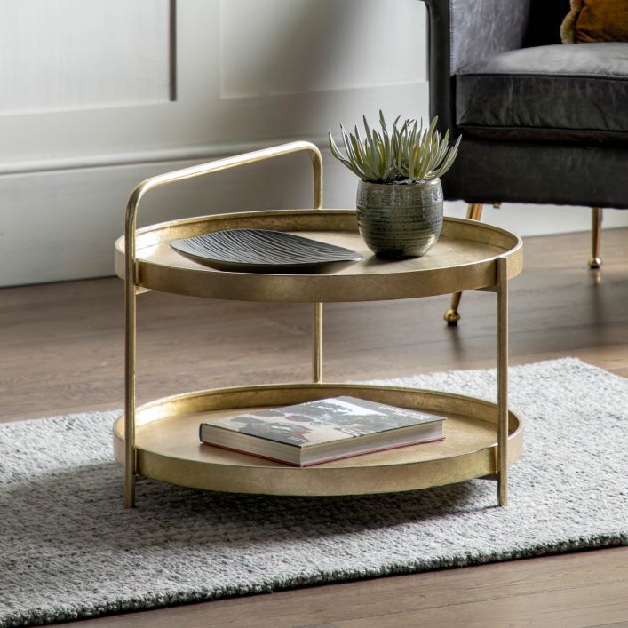 Vintage-Inspired Gold Two-Tier Coffee Table – Iron Frame with Luxe Modern Design - Decor interiors Round Gold Coffee Table, Coffee Table Gold, Round Metal Coffee Table, Gold Coffee Table, Tray Styling, Living Room Essentials, Contemporary Coffee Table, Metal Coffee Table, Round Tray