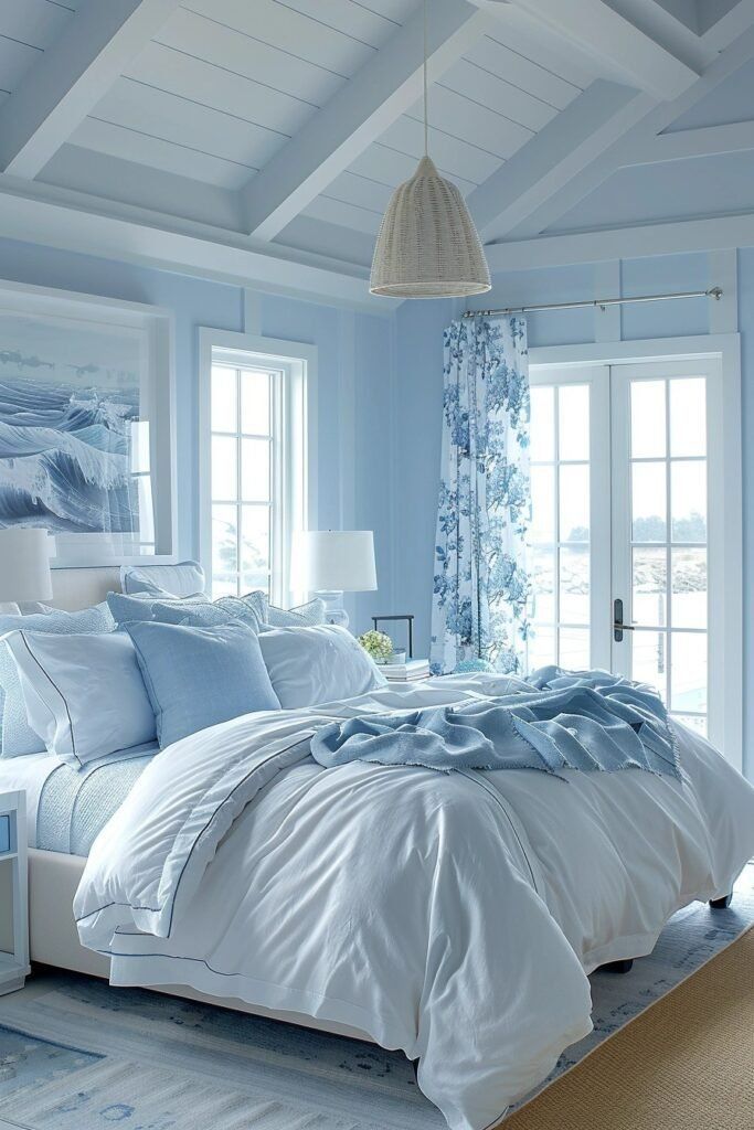 a bedroom with blue walls, white bedding and pillows on the bed is shown