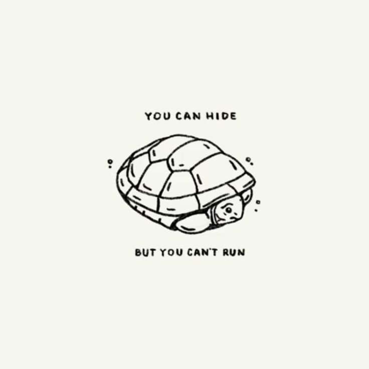 a drawing of a turtle with the words you can hide but you can't run