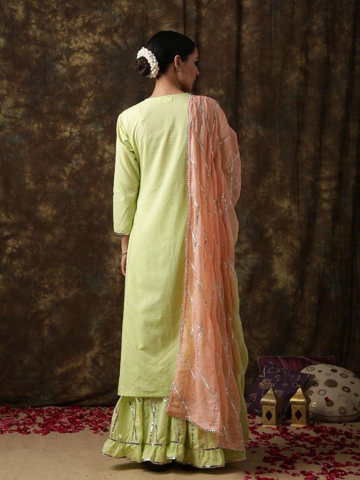 Ambika- Harita pistachio peach sharara set - Trendroots Peach Sharara, Potli Button, A Line Kurta, Sharara Set, Pistachio, No Frills, Ready To Wear, Highlights, Saree