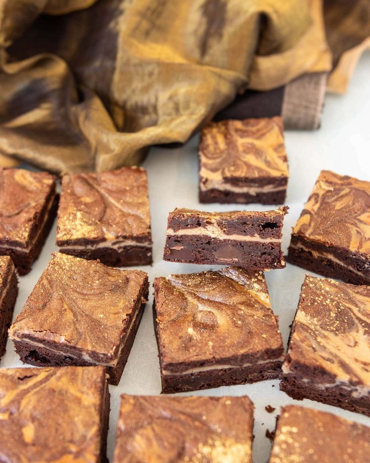 chocolate brownies cut into squares on a table