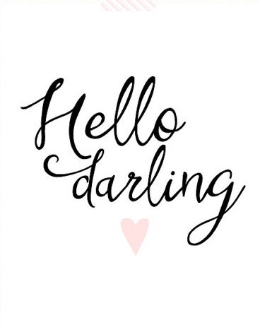 the word hello darling written in black ink on a white background with a pink heart