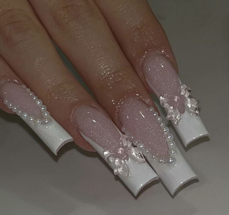 Dark Themed Nails, Latina Nails White, Girly Acrylic Nails Coffin, Pink Sweet 16 Nails, White Nail Inspo Acrylic, Sweet 16 Nail Ideas, Spain Nails, White Nails Glitter, Silver Prom Nails Acrylic