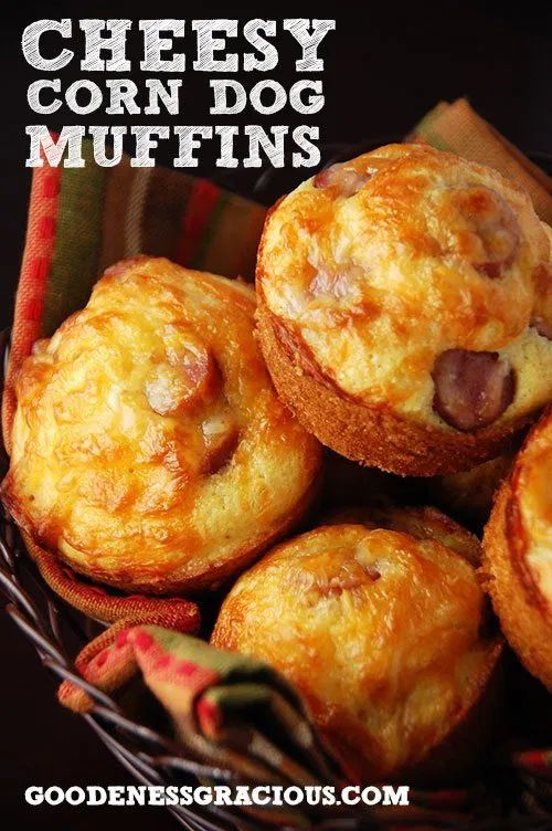 cheesy corn dog muffins in a basket with the title above it