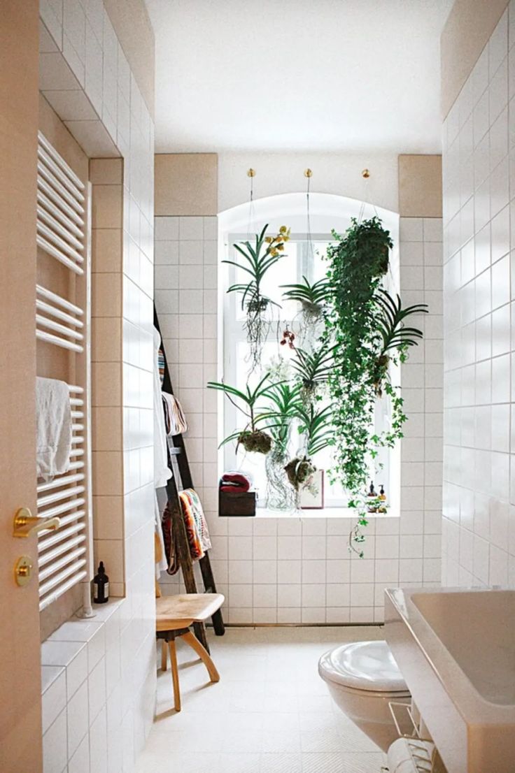 a bath room with a toilet and a tub next to a plant in a window