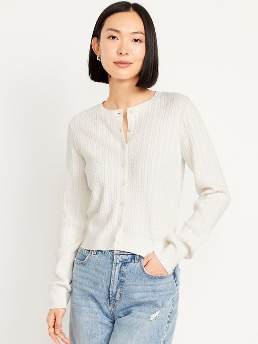 SoSoft Lite Crop Cardigan | Old Navy Pointelle Top, Basic Essentials, Crew Neck Cardigan, Navy Cardigan, Crop Cardigan, Cropped Cardigan Sweater, Button Sweater, Sweater White, Cardigan Sweaters For Women