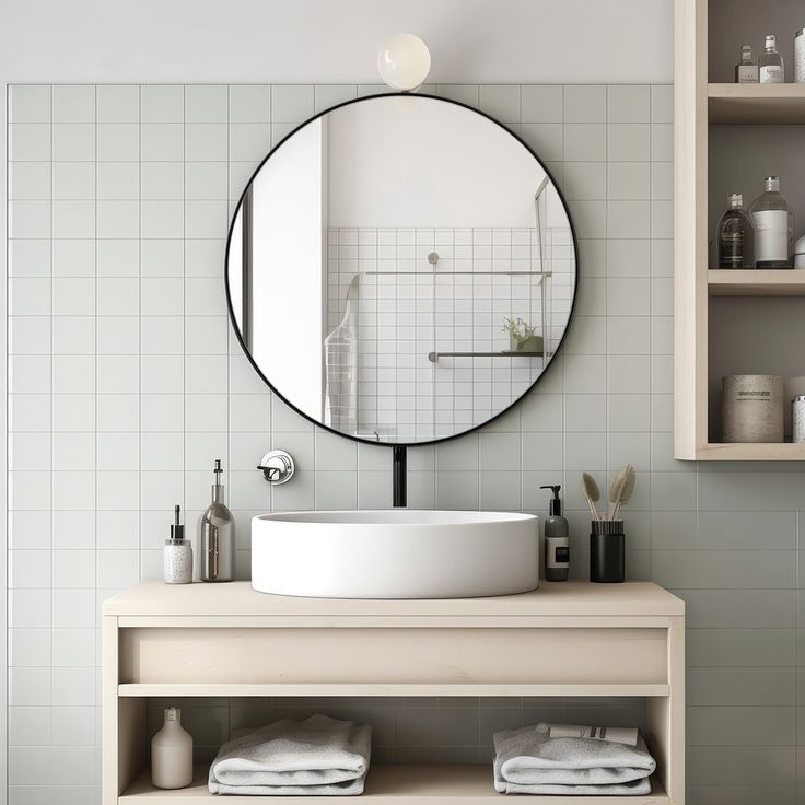 a white sink sitting under a round mirror next to a shelf filled with toiletries