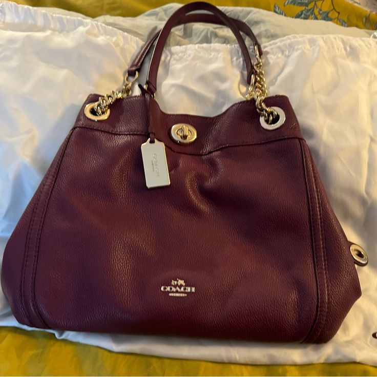 Coach Edie Leather Handbag In Eggplant With Gold Hardware. Used But In Excellent Condition. Dust Bag Is Included. Purple Crossbody Satchel With Gold-tone Hardware, Luxury Purple Tote Shoulder Bag, Luxury Purple Bags For Everyday Use, Elegant Purple Satchel Shoulder Bag, Luxury Everyday Purple Bags, Luxury Purple Satchel With Gold-tone Hardware, Purple Leather Tote Shoulder Bag, Chic Purple Bags With Double Handle, Purple Tote Shoulder Bag With Dust Bag