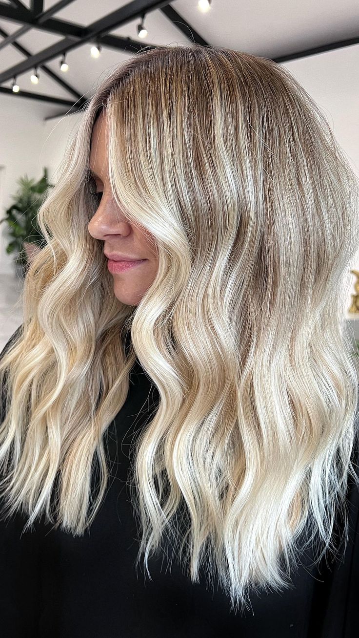 SUGAR COATED VANILLA 🥥 The goal was to lift to a bright creamy blonde that will blend seamlessly at the root so we can work towards only… | Instagram Hair Ideas Blonde Balayage, Soft Bright Blonde Hair, Bright Blonde Smudge Root, Blonde Highlights Not To The Root, Full Foil Highlights Blonde With Shadow Root, Shadow Route Blonde Hair, Blended Blonde Hair Balayage, Bleach And Tone With Shadow Root, Vanilla Blonde With Root Smudge