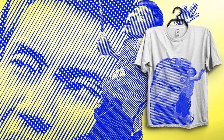 a t - shirt with an image of a man's face on it next to a blue and yellow background