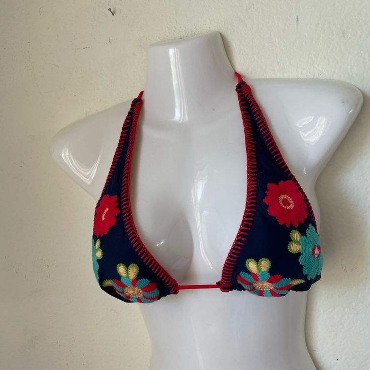 New Without Tags Attached - Removable Padding - Navy Blue With Red Turquoise Yellow Green Floral Embroidery Great Condition No Flaws Bohemian Blue Halter Neck Swimwear, Embroidered Swimwear For Beach Season, Embroidered Beachwear Swimwear For Beach Season, Embroidered Beachwear For Beach Season, Fun Blue Swimwear For Beach Season, Blue Beachwear For Festival, Summer Floral Embroidered Swimwear For Beach, Summer Beach Swimwear With Floral Embroidery, Floral Embroidered Swimwear For Summer Beach