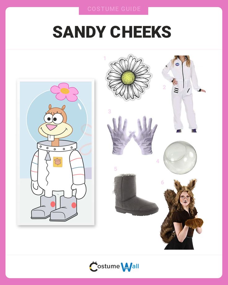 the costume guide for sandy cheeks includes costumes, gloves, and accessories to make her look like she's in space