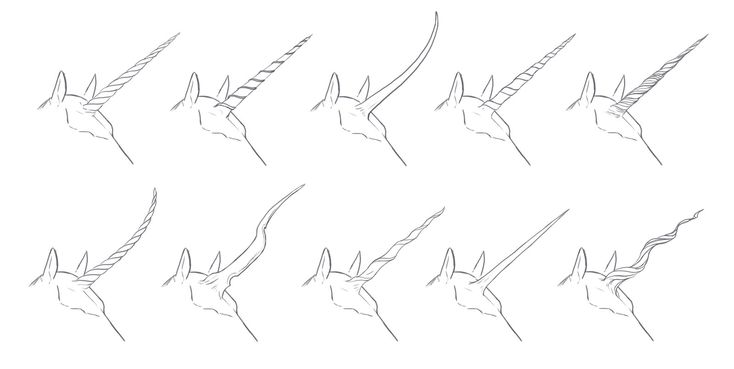 a set of six drawings of unicorns'heads