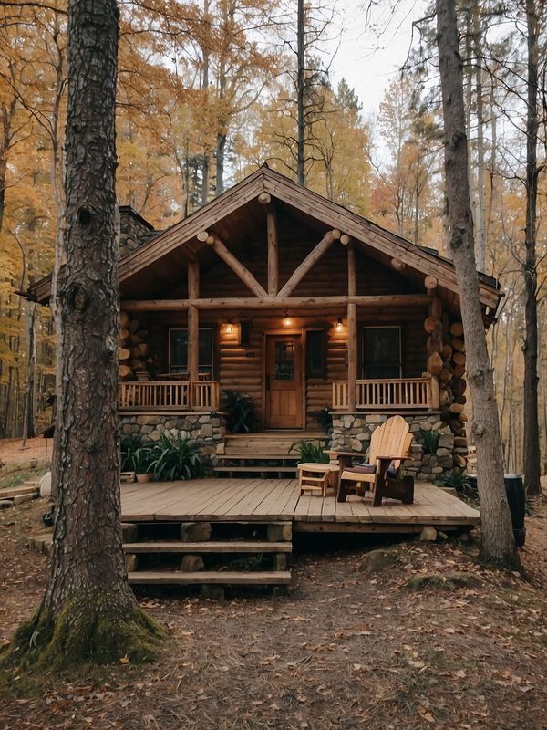 a cabin in the woods with steps leading up to it and two chairs on the porch