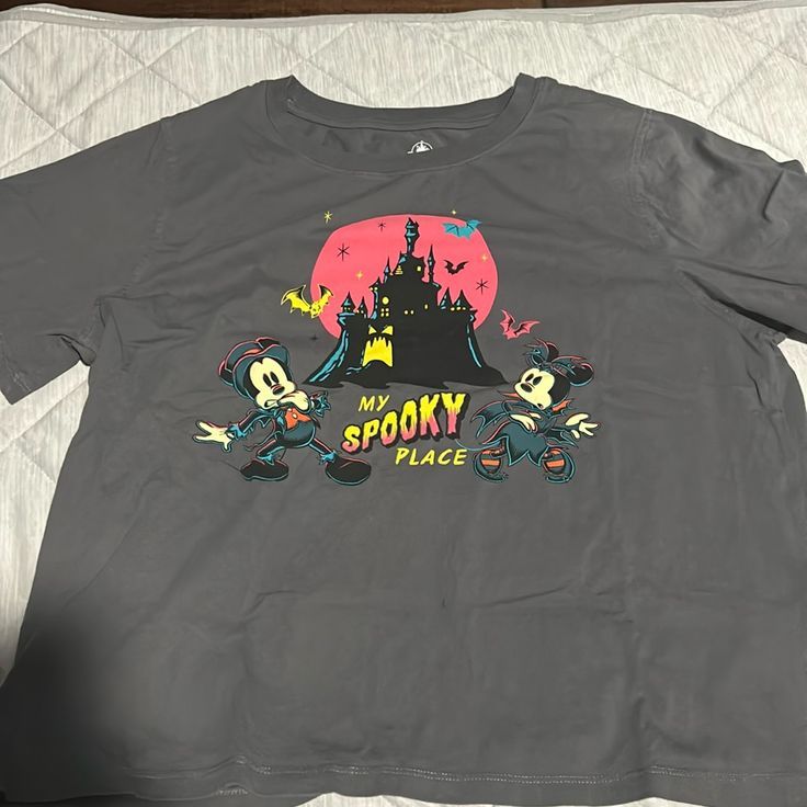 Disney My Spooky Place Halloween Shirt With Minnie And Mickey On Front. New Never Worn Fall Disney Character Print Tops, Disney Character Print Tops For Fall, Character Print Top For Disney Fan Events In Fall, Disney Letter Print Top For Fall, Disney Crew Neck Top For Halloween, Disney Halloween Short Sleeve Tops, Fun Tops For Disney Fan Events In Fall, Disney Tops For Streetwear In Fall, Disney Style Top For Fall Streetwear