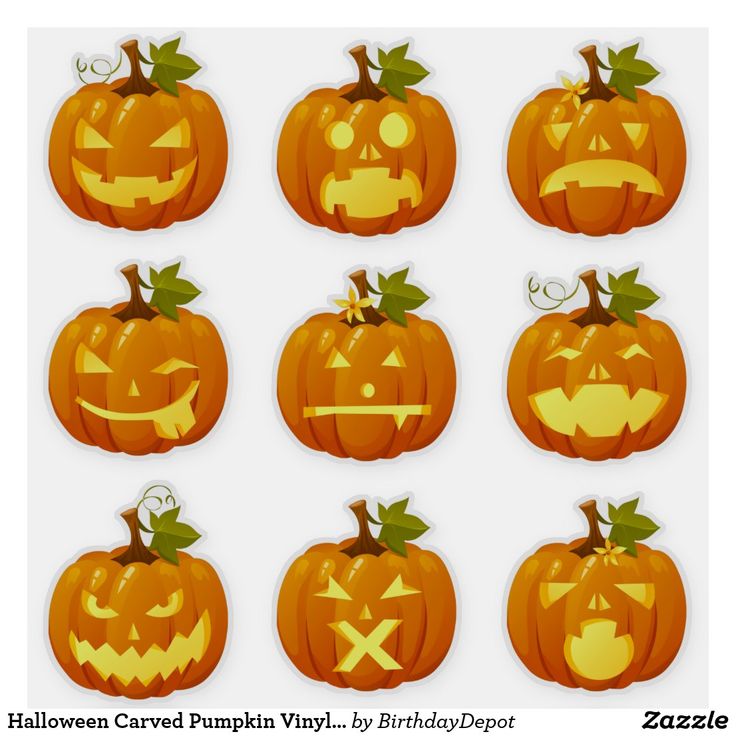 a set of pumpkins with different faces and expressions, all carved into the same shape