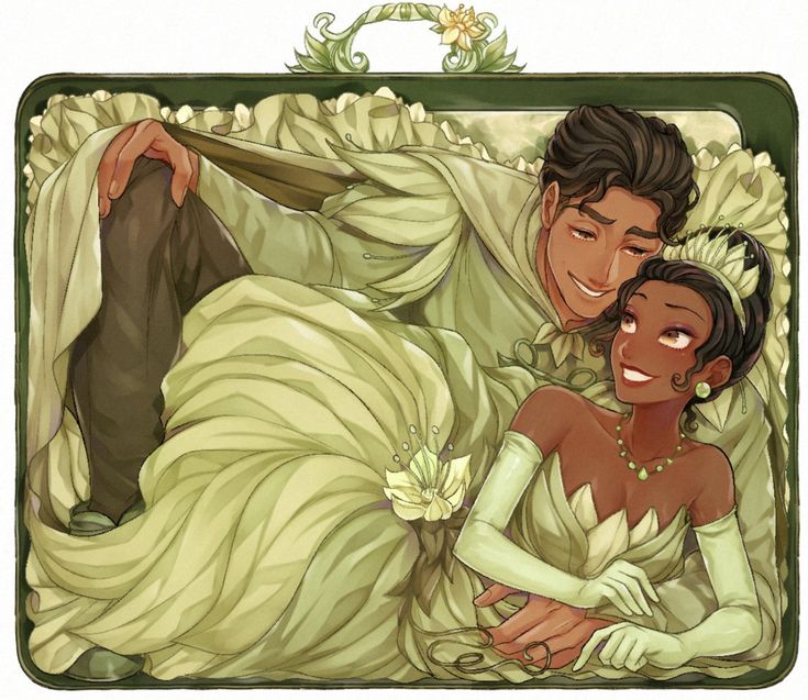 a man and woman laying on top of a bed covered in green sheets with flowers