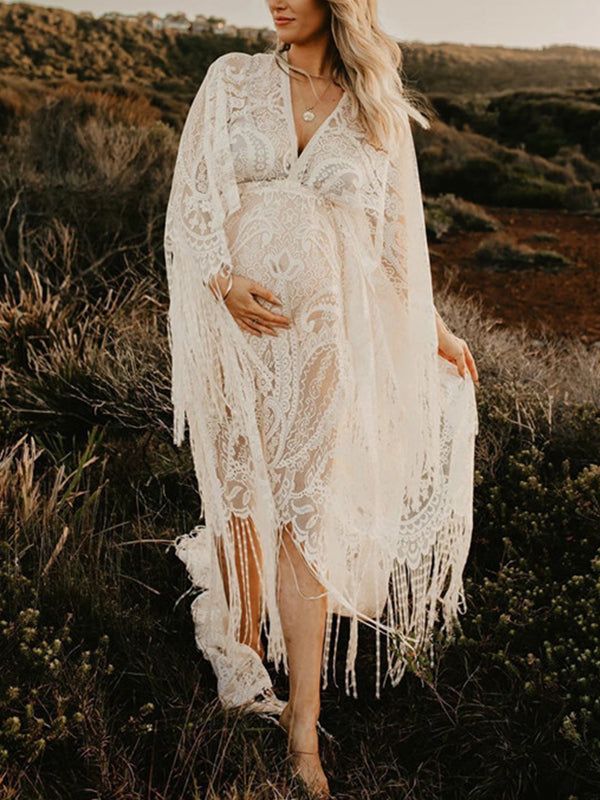 Momyknows Lace White Tassel Bohemian Sheer High Waist Flare Sleeve Photoshoot Maternity Maxi Dress Plus Size Fotografie, Bohemian Long Dress, Maternity Photography Dress, Plus Size Photography, Elegant Maternity Dresses, Boho Maternity Dress, Maternity Photography Props, Bohemia Dress, Bohemian Dresses Long