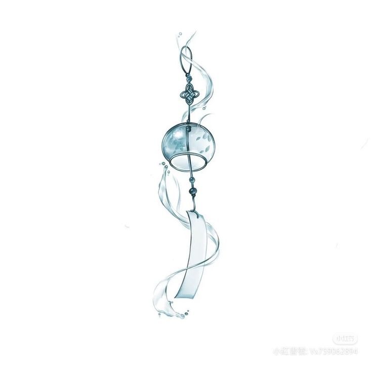 a glass wind chime hanging from the ceiling in front of a white background with water swirling around it