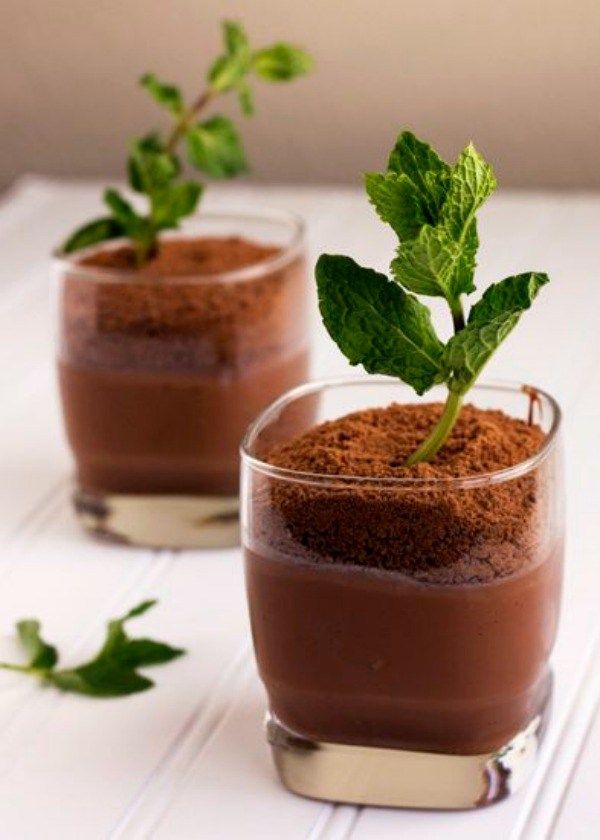 two glasses filled with chocolate pudding and green leaf sprouts