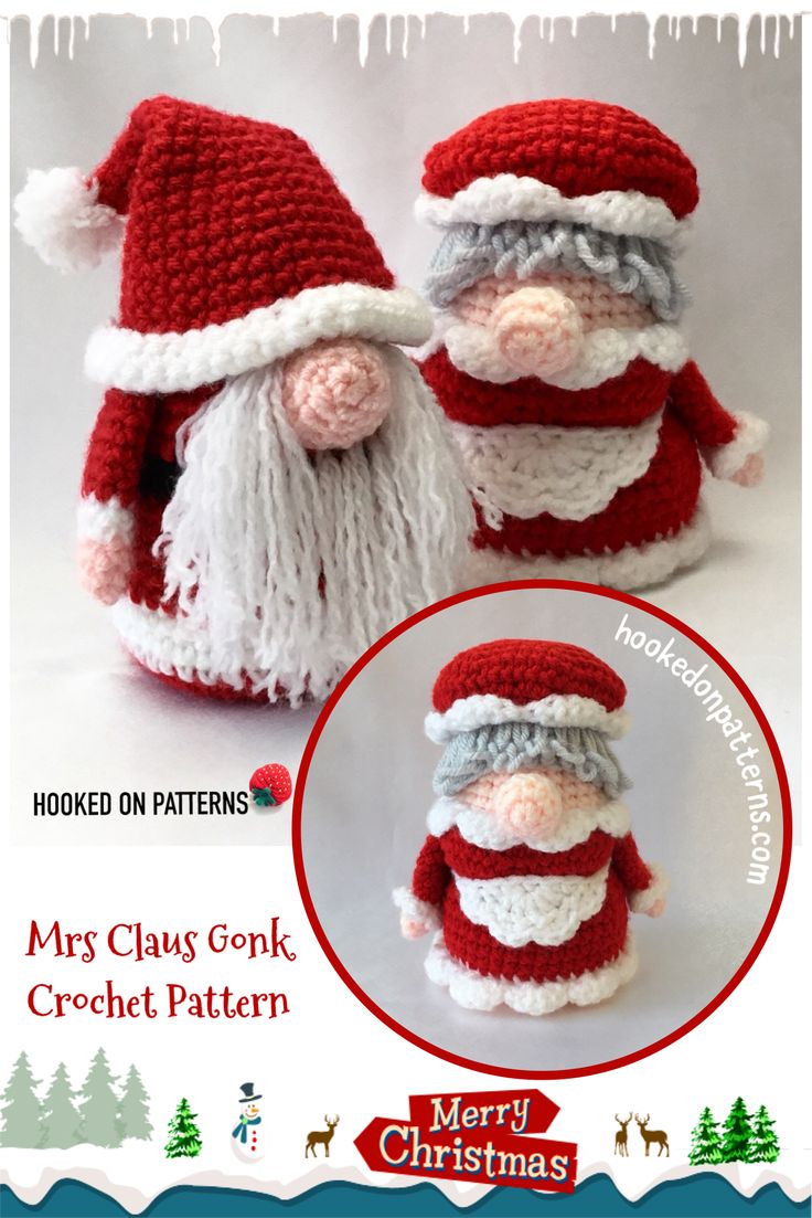 two crocheted santa clauss are shown in red and white