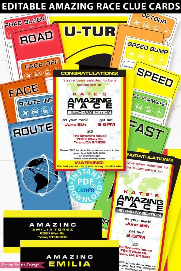 an advertisement for the amazing race card game, which is available in multiple colors and sizes