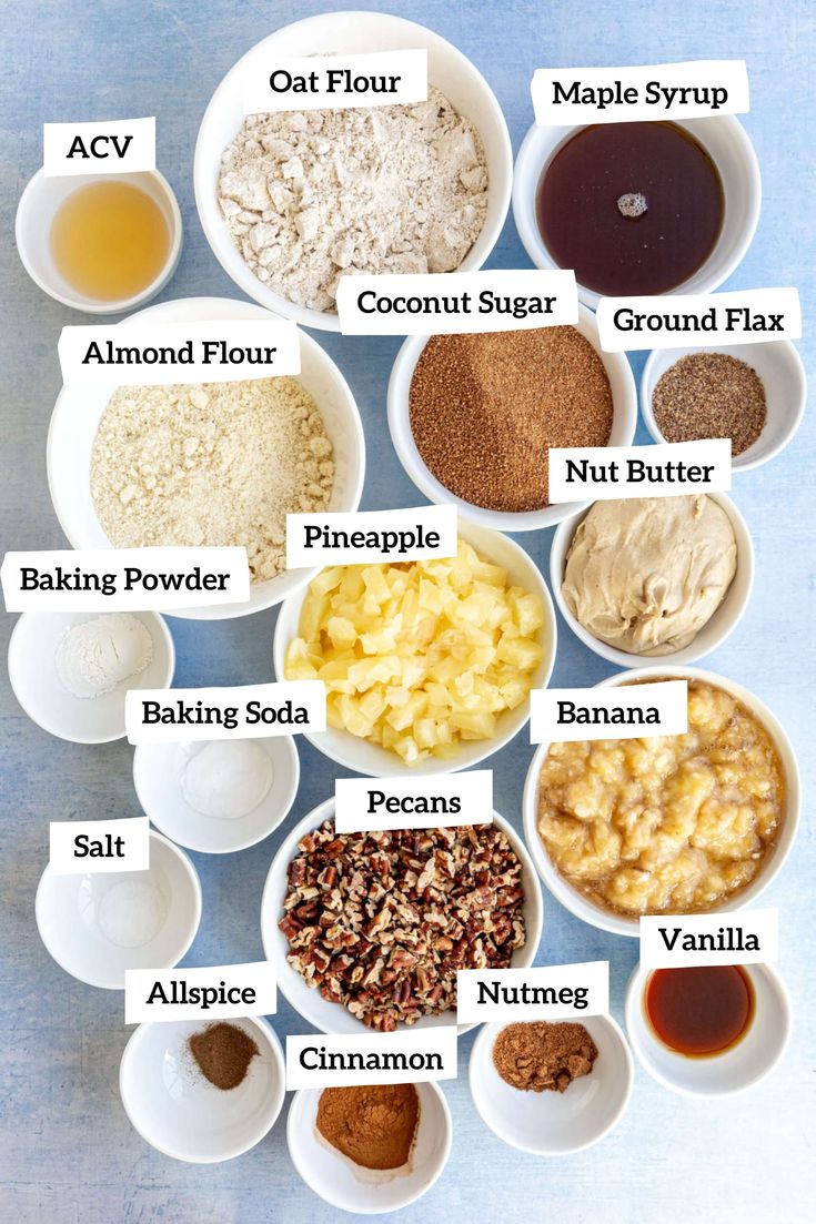 an image of different types of ingredients in bowls on a table with the names above them