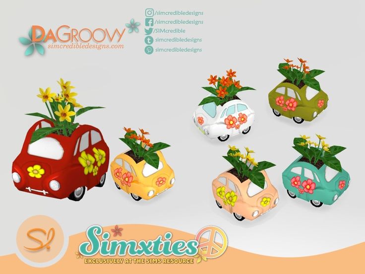 six small cars with flowers in them are shown