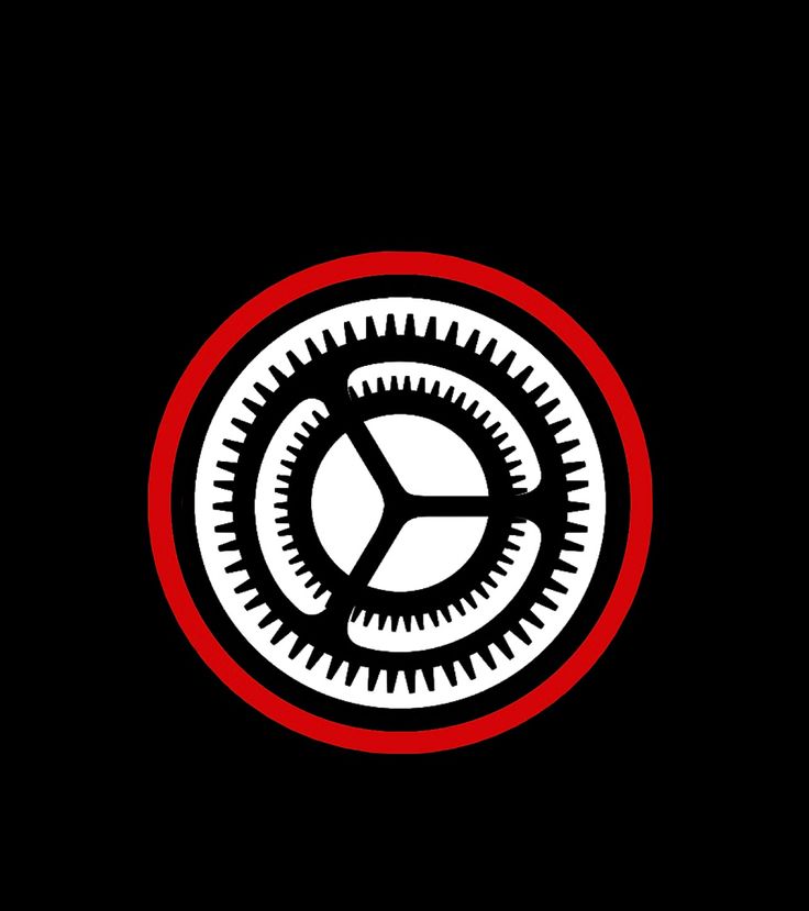 a red and white circle with gears in the center on a black background, that is also used as a logo for an appliance