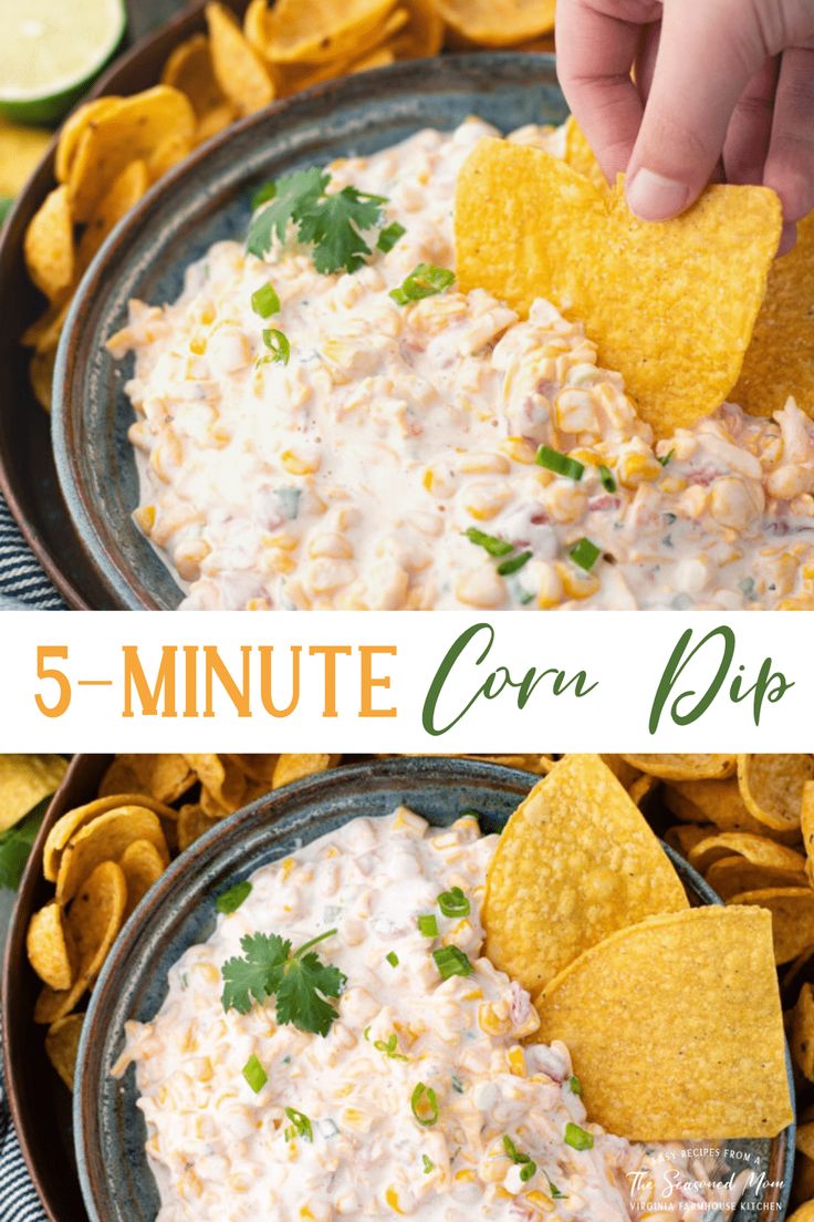 this is an image of a bowl of corn dip with tortilla chips