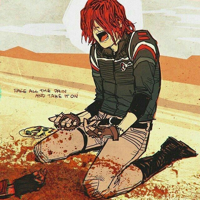 a drawing of a person sitting on the ground with blood all over their legs and feet