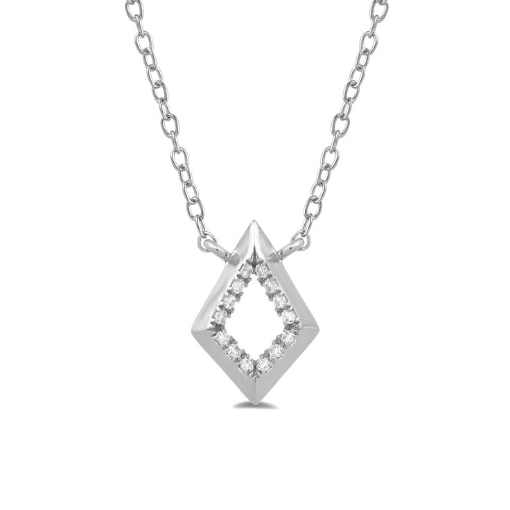 Here is an edgier option for a minimalist diamond necklace. This piece features a geometric pendant in the shape of a diamond. The cut-out silhouette is complemented by a knife-edge profile. Tracing the inner diamond cut-out are round diamond gemstones that deliver a flattering, subtle shimmer. Modern Single Diamond Necklace In Diamond White, Modern Silver Diamond Necklace With Single Diamond, Modern Silver Diamond Necklace With Single Stone, Modern Diamond Necklace For Anniversary, Modern Silver Diamond Necklace, Modern Diamond White Diamond Necklace As A Gift, Modern Diamond Necklace With Accents As A Gift, Modern Sterling Silver Diamond Necklace, Modern White Gold Diamond Pendant Necklace