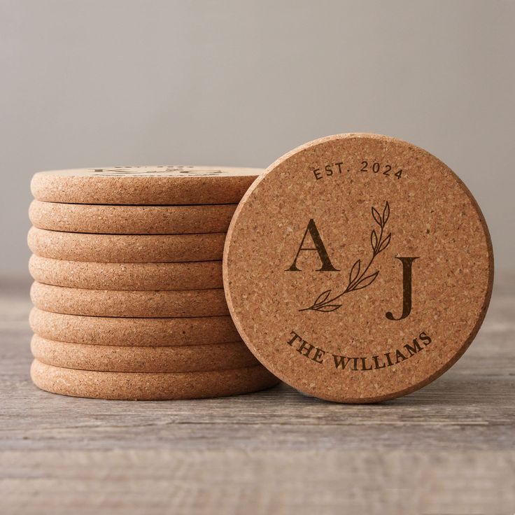 personalized cork coasters stacked on top of each other