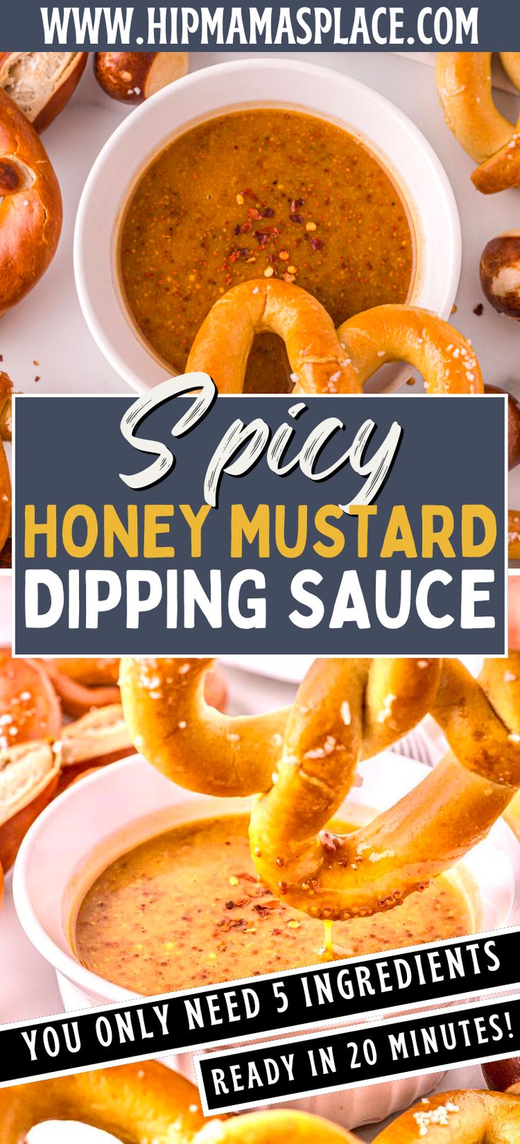 the cover of spicy honey mustard dipping sauce with pretzels and onion rings