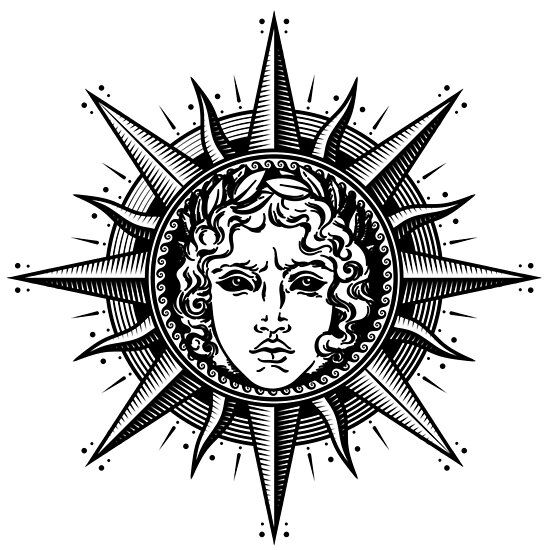 the sun with a woman's face surrounded by stars, vintage line drawing or engraving style