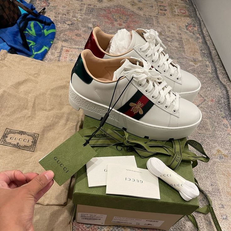 Brand New Come With Extra Laces Dust Bags And Shipping Box Gucci Platform Shoes, Tenis Gucci, Dream Sneakers, Platform Tennis Shoes, Gucci Ace Sneakers, Brown Leather Sneakers, Gucci Platform, Green Trainers, Hightop Sneakers