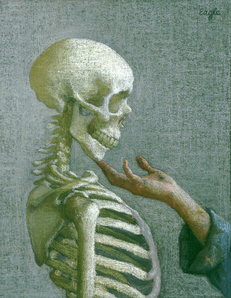 a painting of a skeleton holding his hand up to the viewer's eye and pointing at it