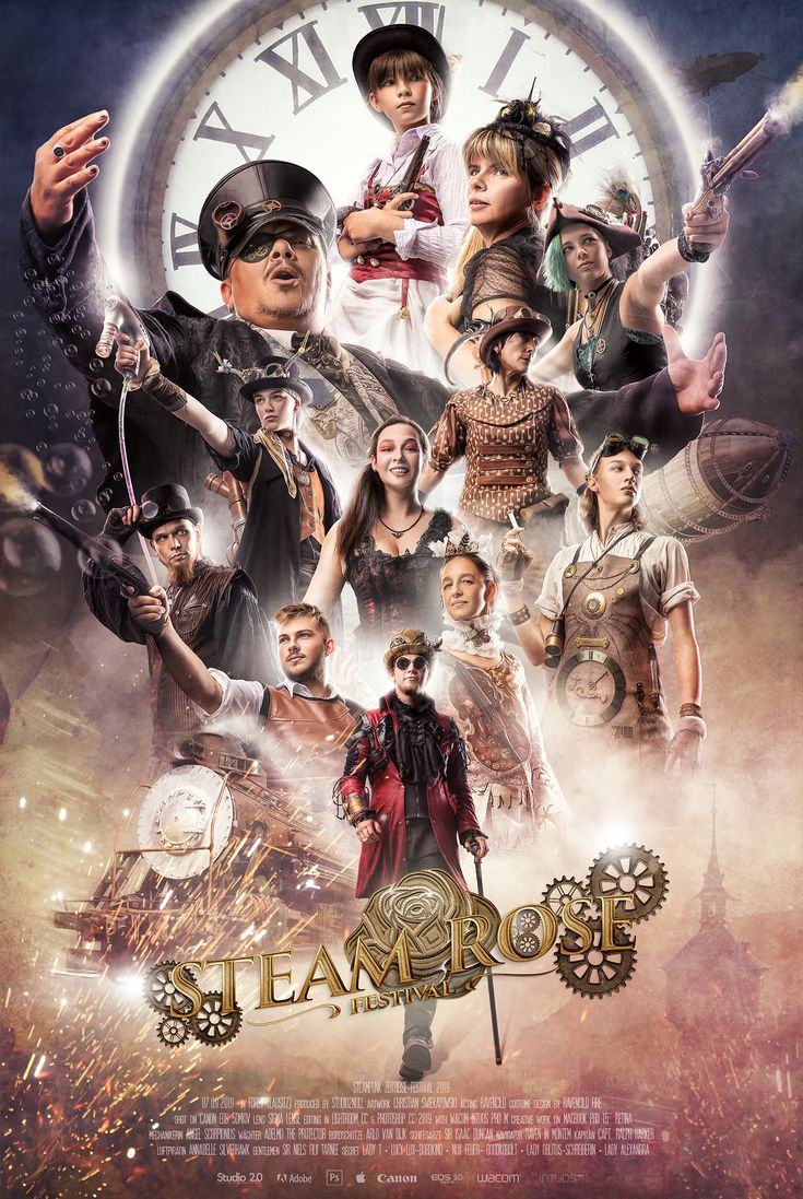 the movie poster for steampunk is shown in front of an image of many people