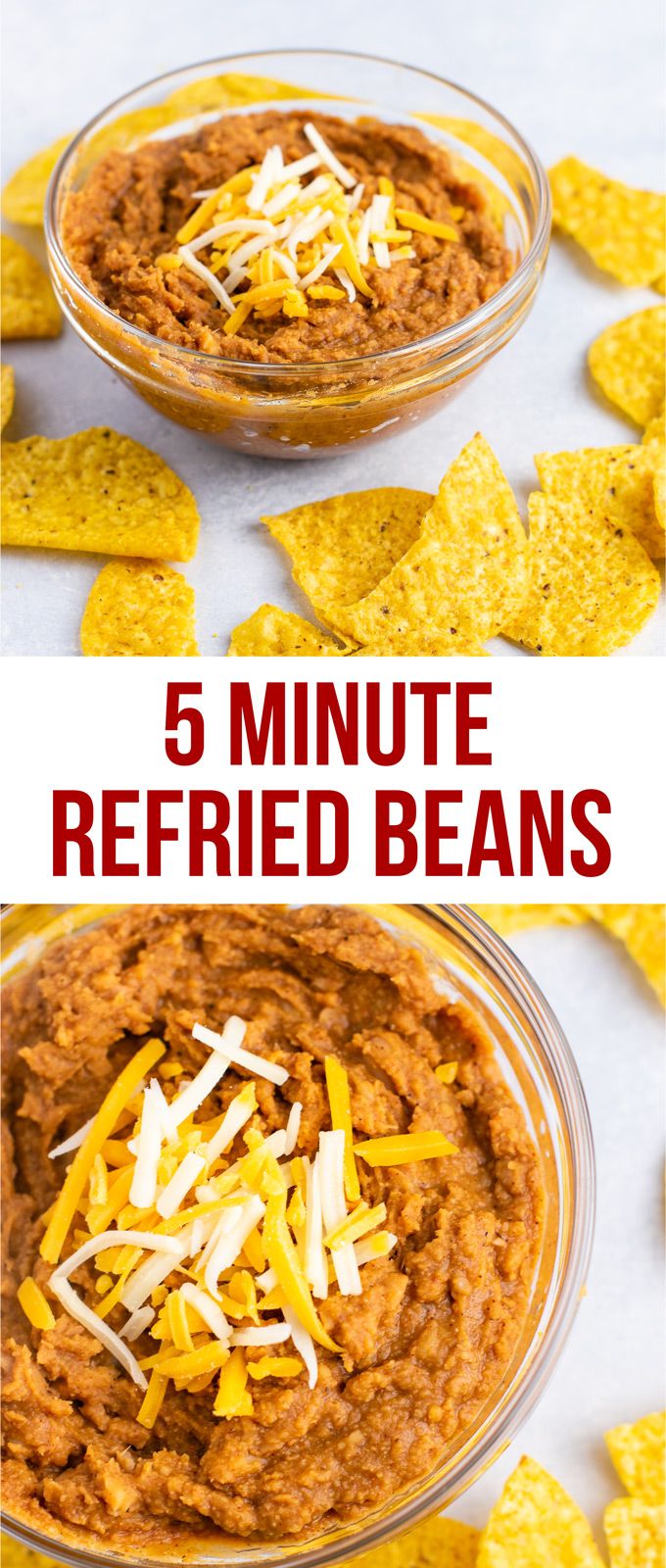 three images showing different types of refried beans in bowls with cheese and tortilla chips