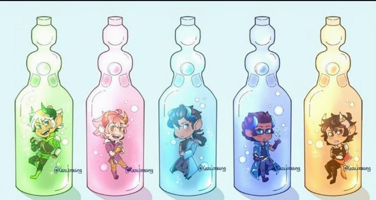 four bottles with cartoon characters in them