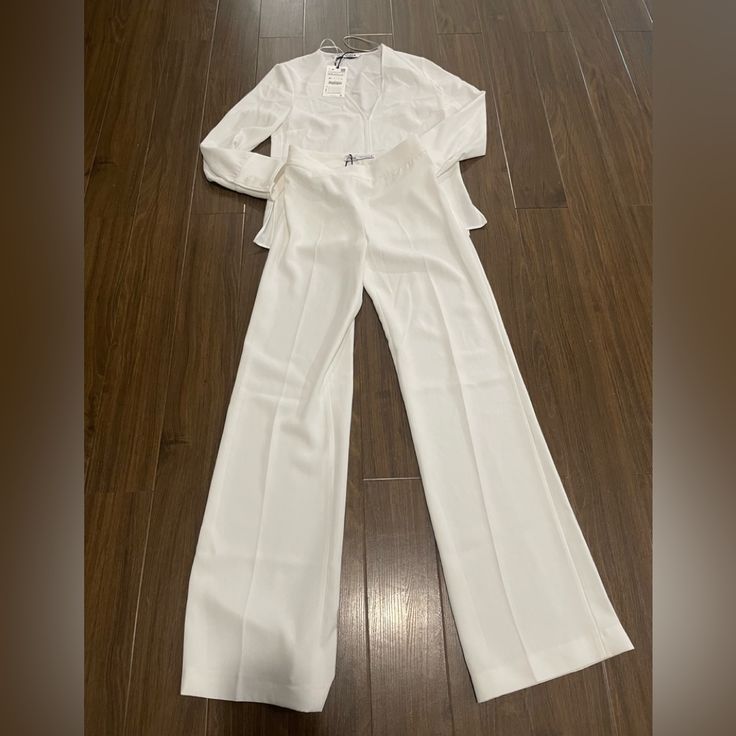 Zara White Pants Set Elegant Tailored White Wide Leg Pants, White Ankle-length Wide Leg Pants For Formal Occasions, Tailored White Wide-leg Dress Pants, White Tailored Wide-leg Dress Pants, Chic Office Pant Set For Spring, Chic White Wide Leg Pants For Office, Elegant Pant Set For Workwear, Elegant Workwear Pant Set, Elegant Wide Leg Sets For Spring