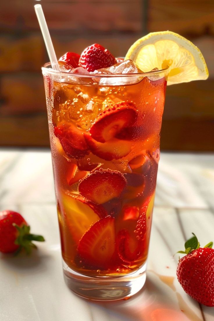 a glass filled with ice and strawberries on top of a table