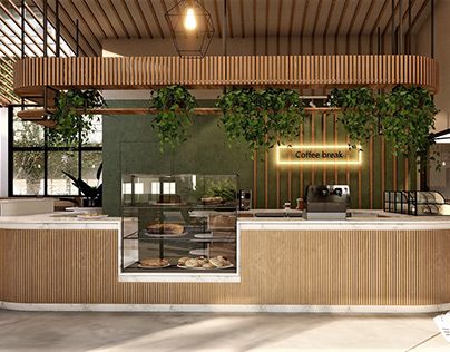 the inside of a restaurant with plants growing on the counter